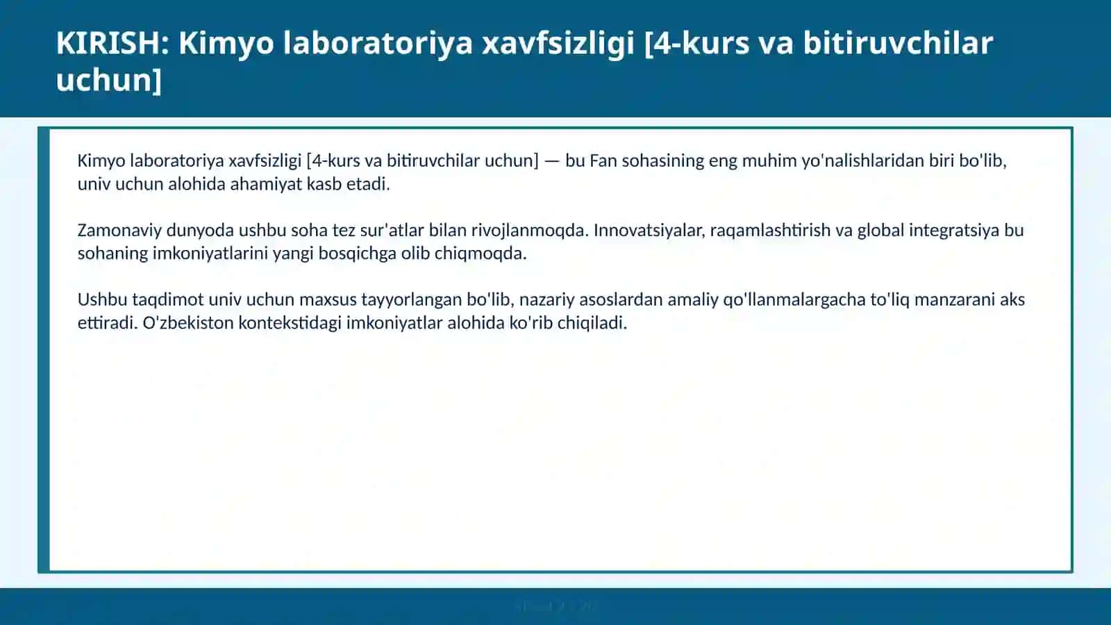 Kimyo laboratoriya xavfsizligi [4-kurs va bitiruvchilar uchun] 2