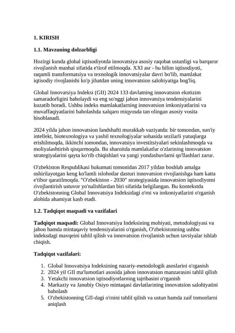 GLOBAL INNOVATSIYA INDEKSI: TAHLIL VA RIVOJLANISH TENDENSIYALARI 2