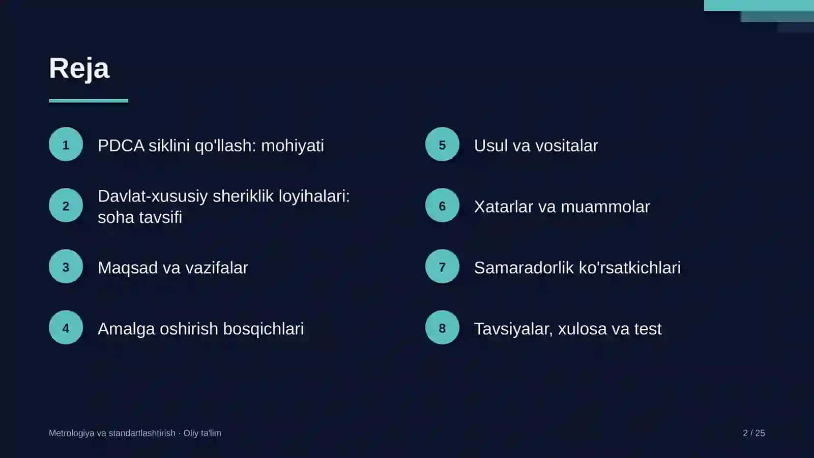 Davlat-xususiy sheriklik loyihalarida PDCA siklini qo'llash 2