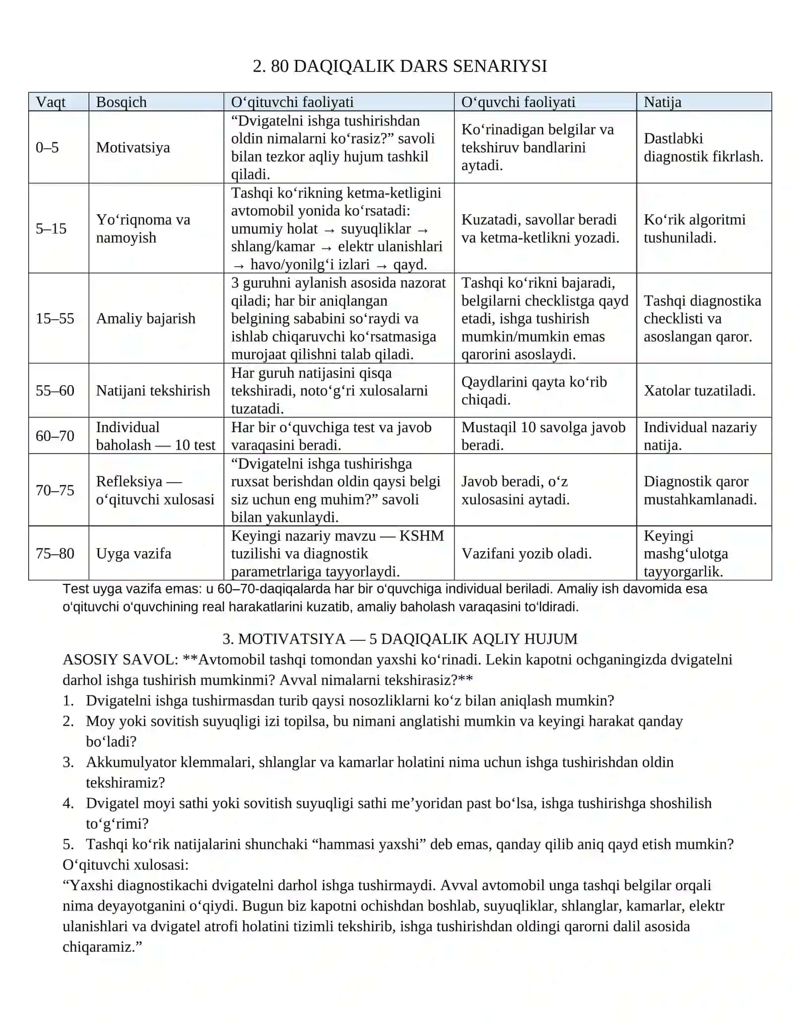 KM.1 — AVTOMOBIL DVIGATELLARINI TASHXISLASH.Amaliy_2_Dvigatelning_tashqi_korik_va_ishga_tushirishdan_oldingi_diagnostikasi 2