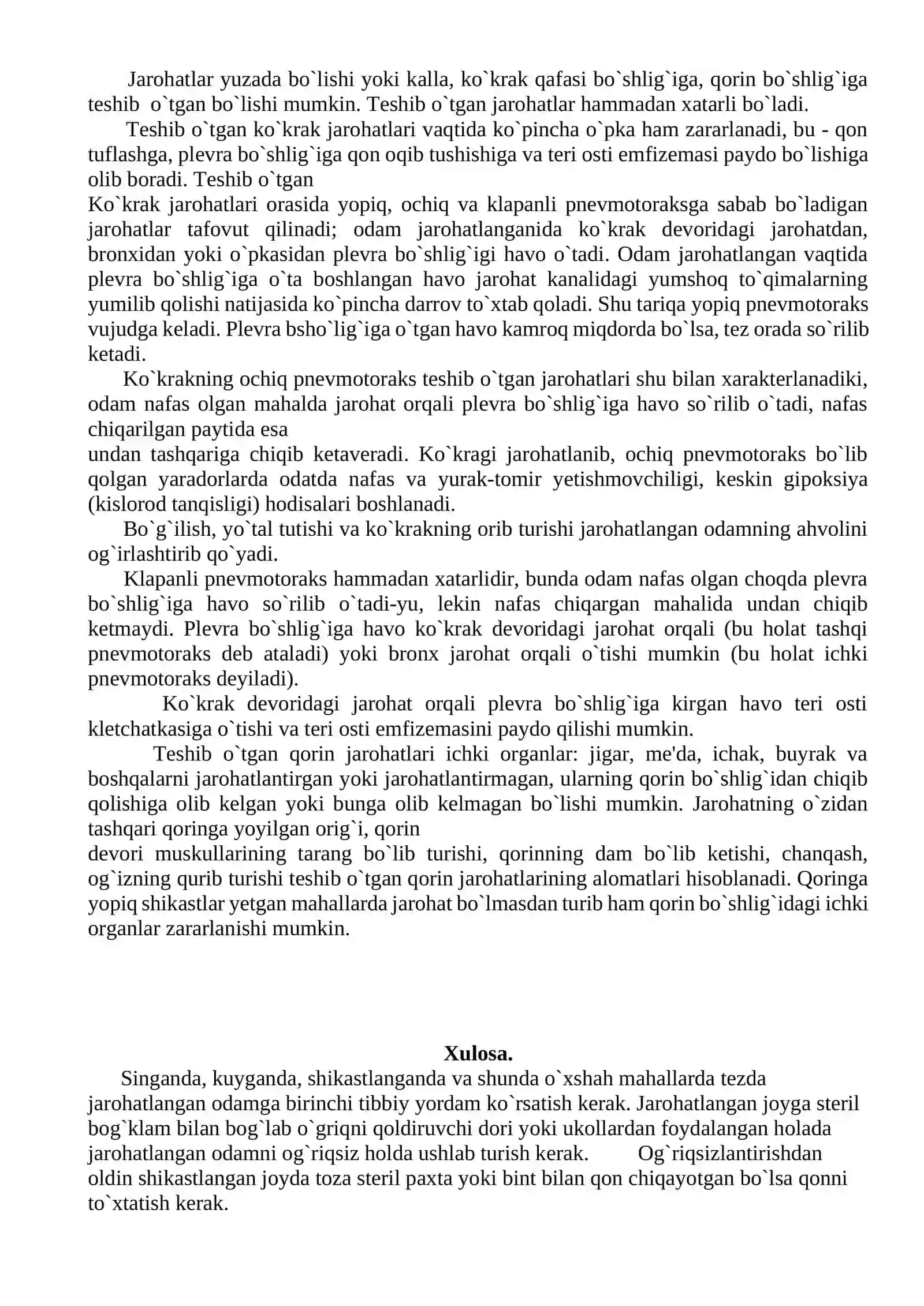 Jarohat to`g`risida tushuncha, jarohatlar klassifikatsiyasi va ularning asoratlari 2
