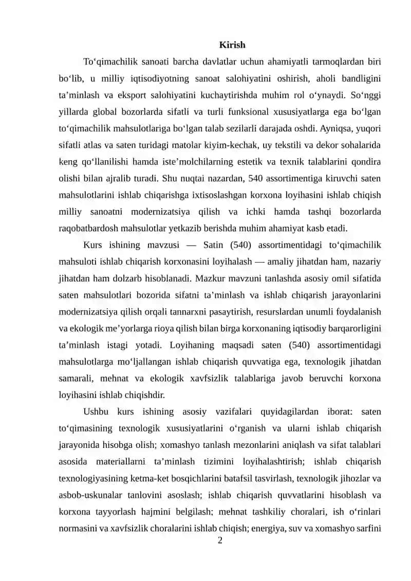 Satin (540) asartimentidagi to'qimachilik mahsuloti ishlab chiqarish korxonasini loyihalash 2
