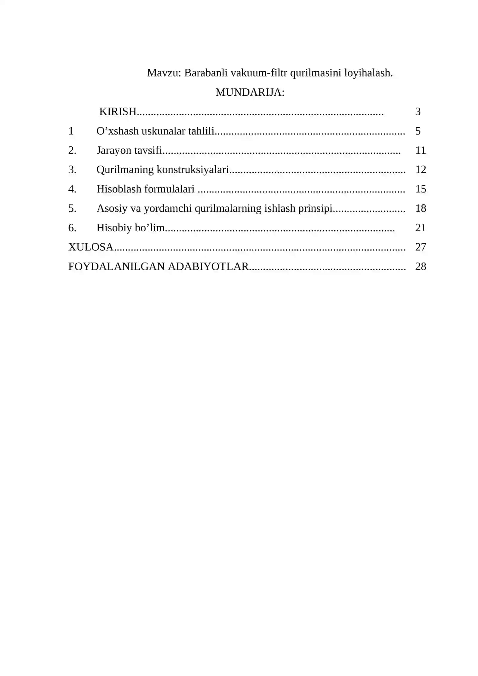 BARABANLI VAKUUM-FILTR QURILMASINI LOYIHALASH. 2
