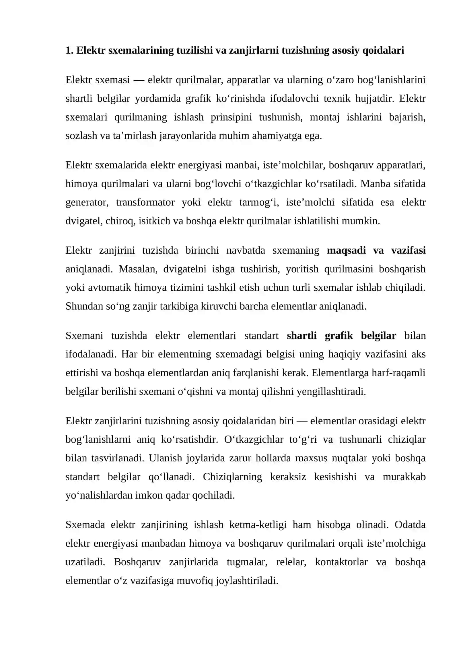 mustaqil ish Elektr sxemalarda zanjirlarni tuzish tartiblari va standartlarini o‘rganish. 2