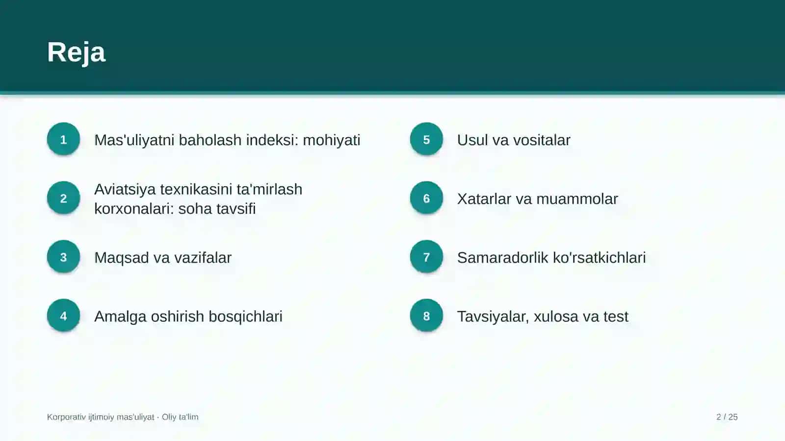 Aviatsiya texnikasini ta'mirlash korxonalarida ijtimoiy mas'uliyatni baholash indeksini joriy etish 2