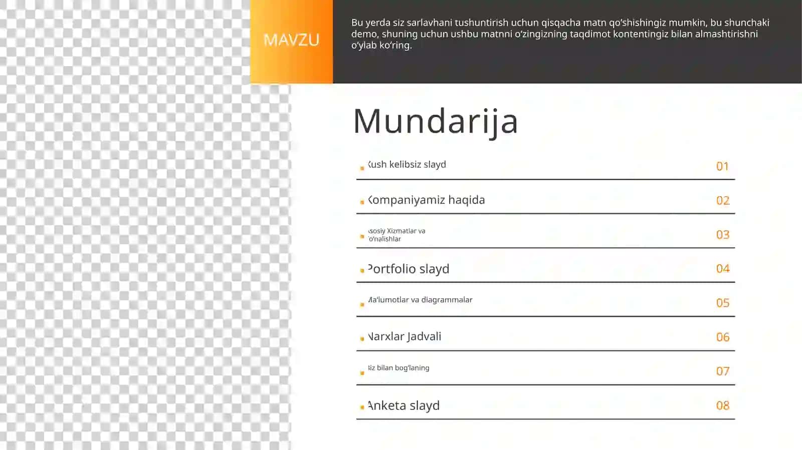 Zamonaviy Biznes Reja Mundarijasi va Tuzilmasi Taqdimoti (10 Slayd) 2