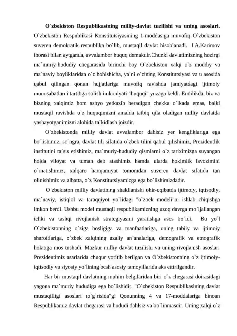 O`zbekiston Respublikasining milliy davlat va ma`muriy hududiy tuzilishi 2