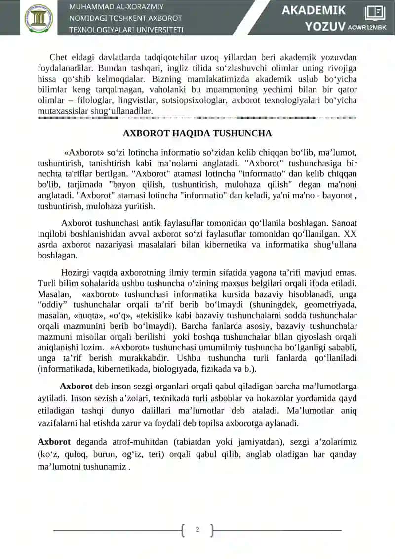 AKADEMIK YOZUV VA AXBOROT. AXBOROTNING TURLARI VA XUSUSIYATLARI 2