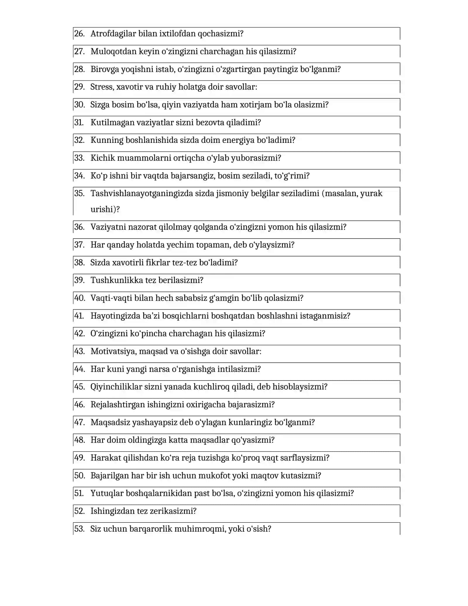 O'zbekiston Respublikasi Harbiy xavfsizlik va mudofaa universiteti HA/YO’Q PSIXOLOGIK TEST SAVOLLARI 2