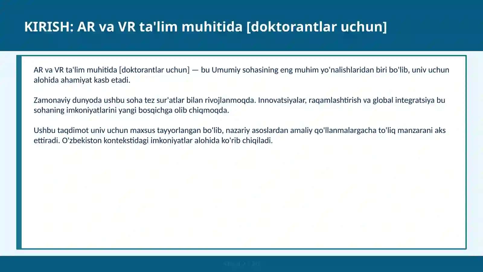 AR va VR ta'lim muhitida [doktorantlar uchun] 2