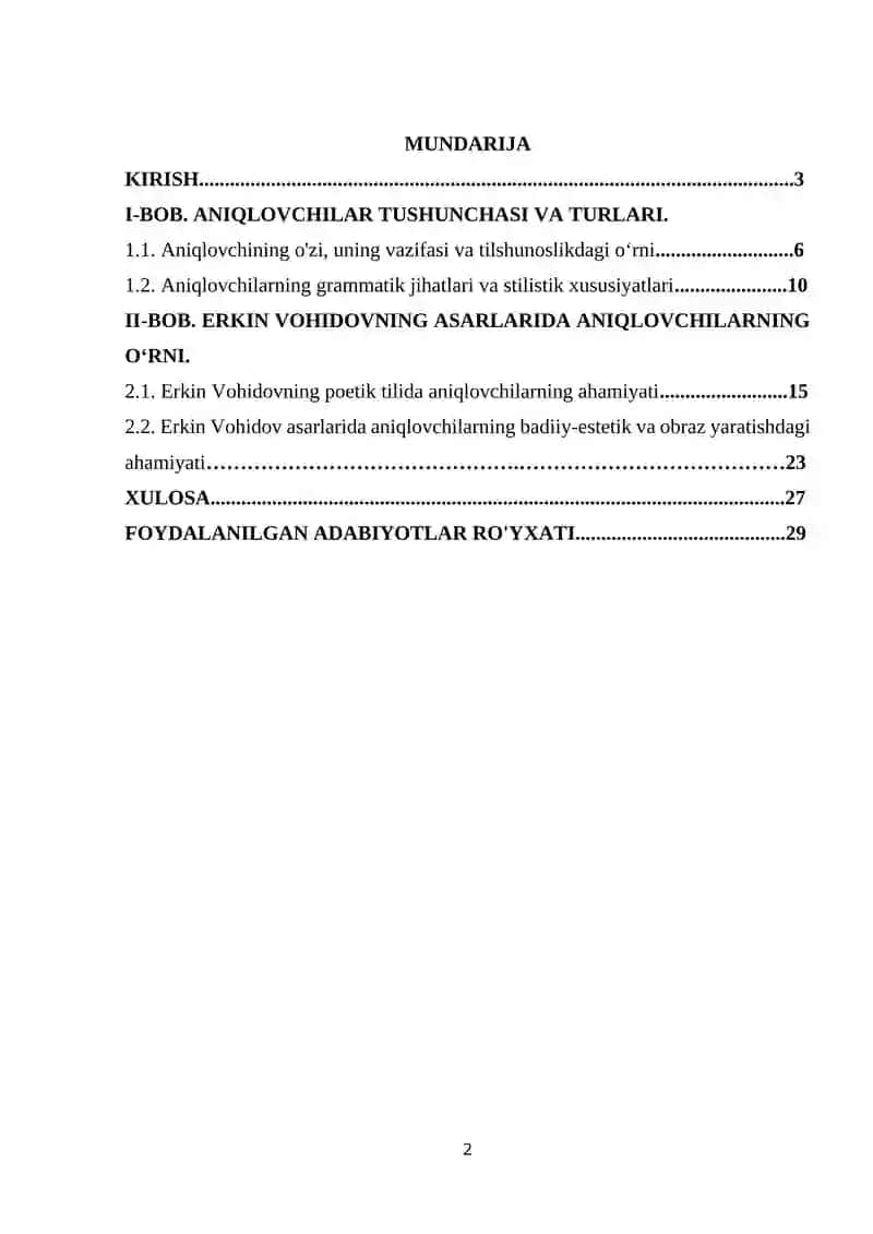 Oʻzbek tilida aniqlovchilar (Erkin Vohidov asarlarida). 2