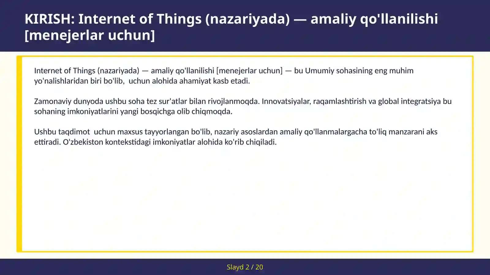 INTERNET OF THINGS (NAZARIYADA) — AMALIY QO'LLANILISHI [MENEJERLAR UCHUN] 2