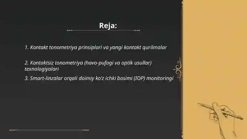 Ko‘z ichki bosimini baholashning innovatsion usullari – kontakt va kontaktsiz tonometriya, smart-linzalar 2