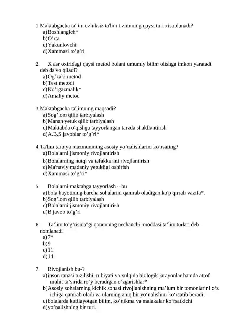 Bolalarni maktab ta'limiga fanidan test topshiriqlari 2
