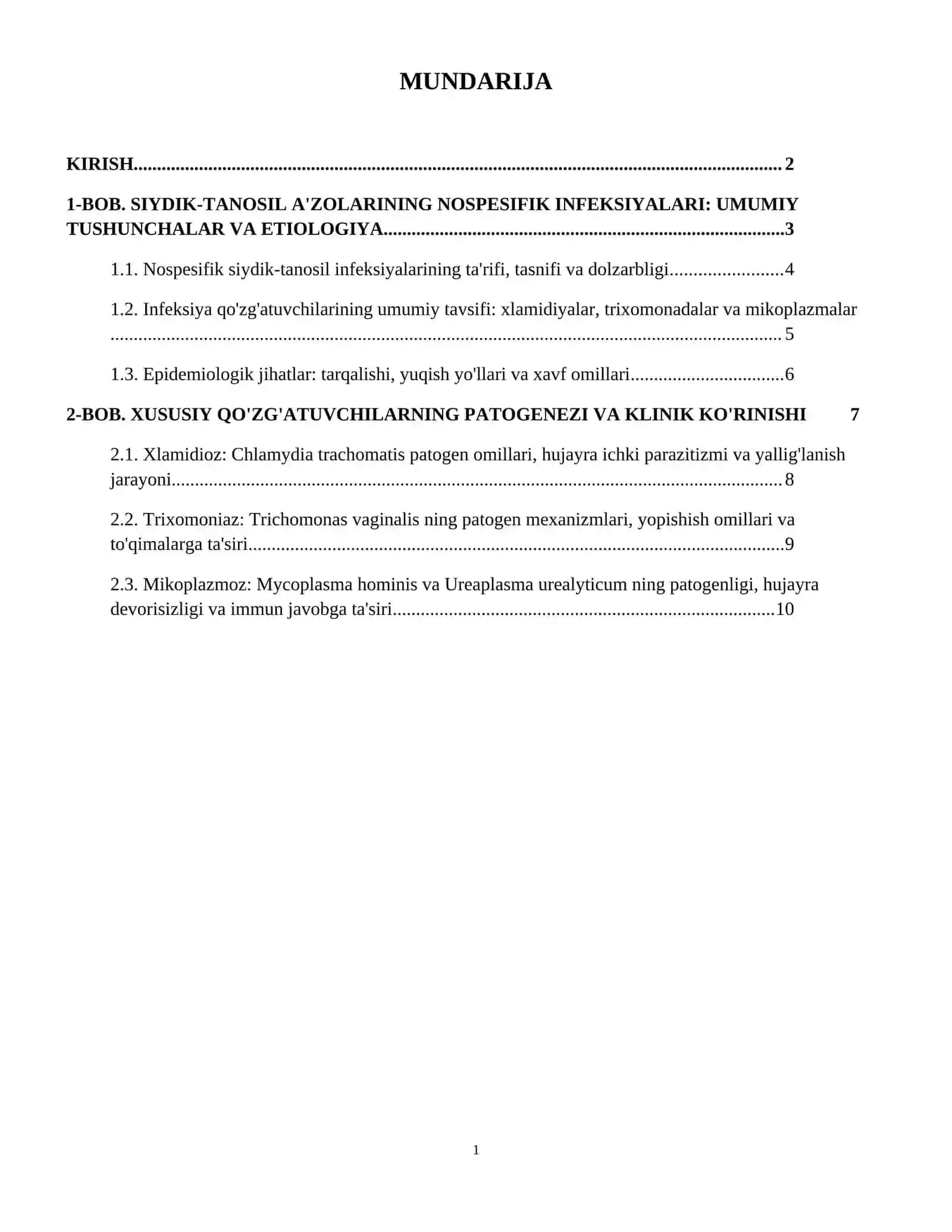 Siydik-tanosil a’zolarning nospesifik infeksiya qo‘zg‘atuvchiIari, patogenez, laboratoriya tashxisi (xlamidioz, trixomoniaz, mikoplazmoz). 2