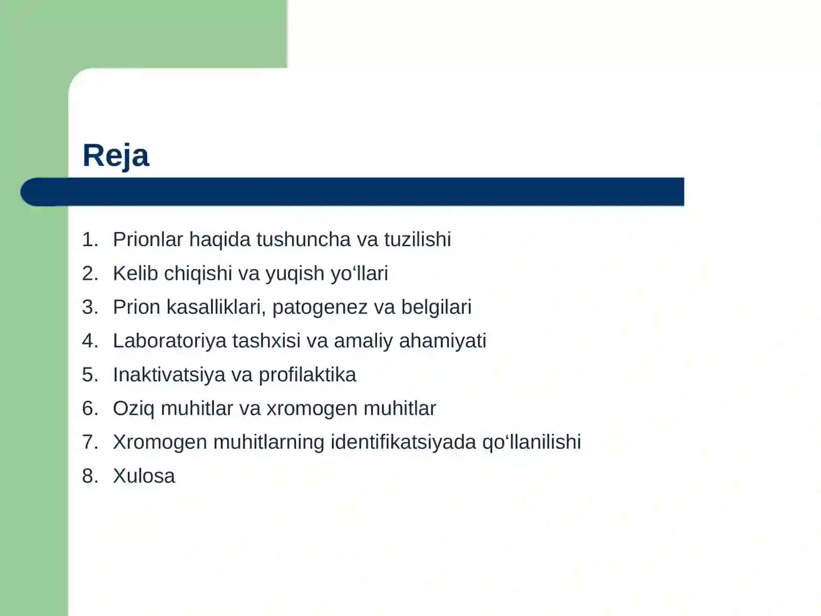Prionlar haqida tushuncha, kelib chiqishi prion kasalliklari, amaliyotda ahamiyati. Oziq muhitlar, xromogen oziqli muhitlar, identifikasiyda qo'lanilishi 2