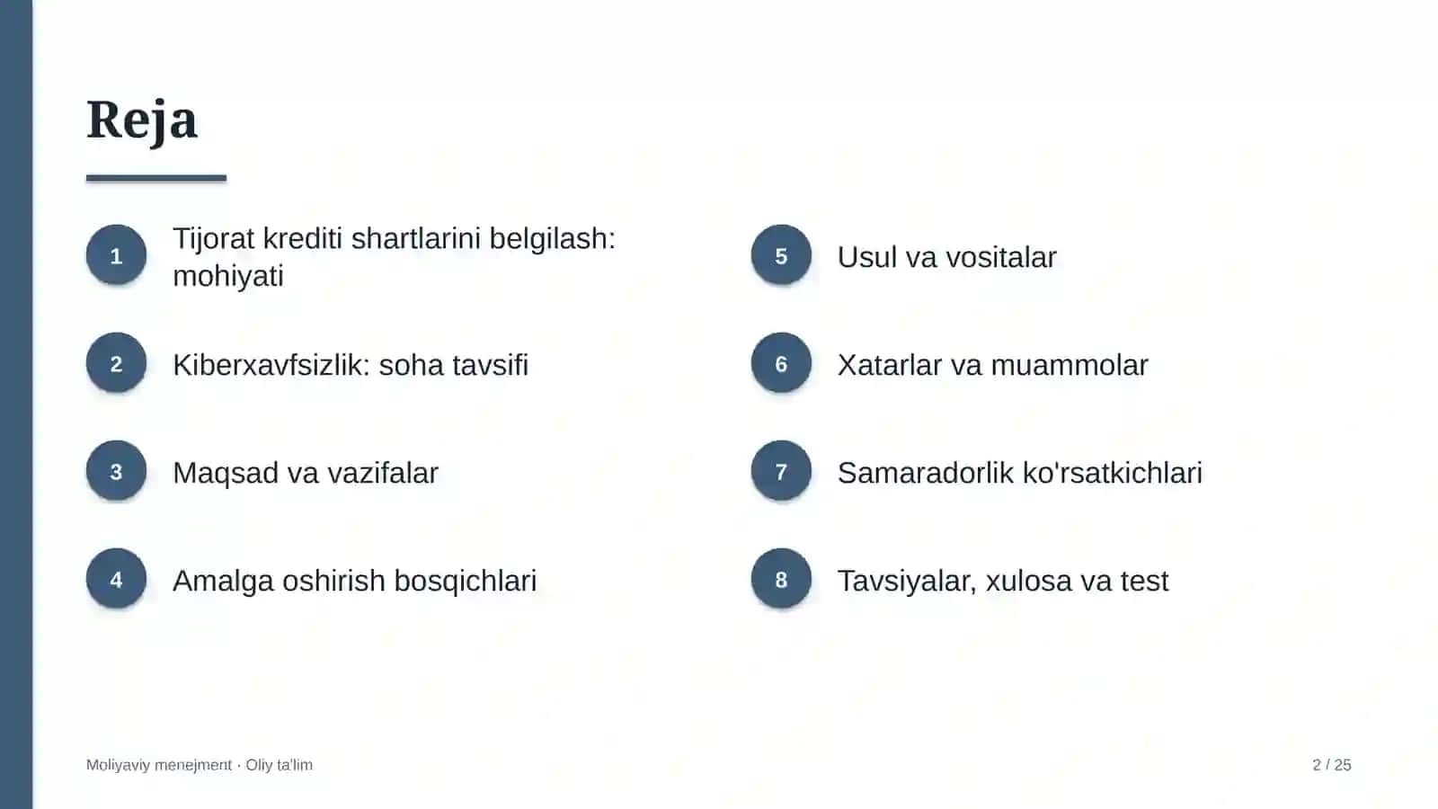 Kiberxavfsizlik sohasida tijorat kreditini berish shartlarini belgilash 2
