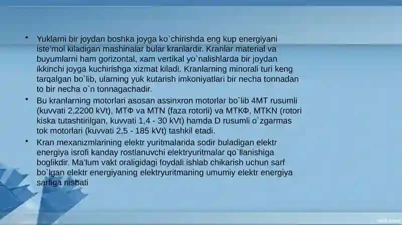 Kranlarni ishlatishda elektr energiya tejamkorligiga erishish 2