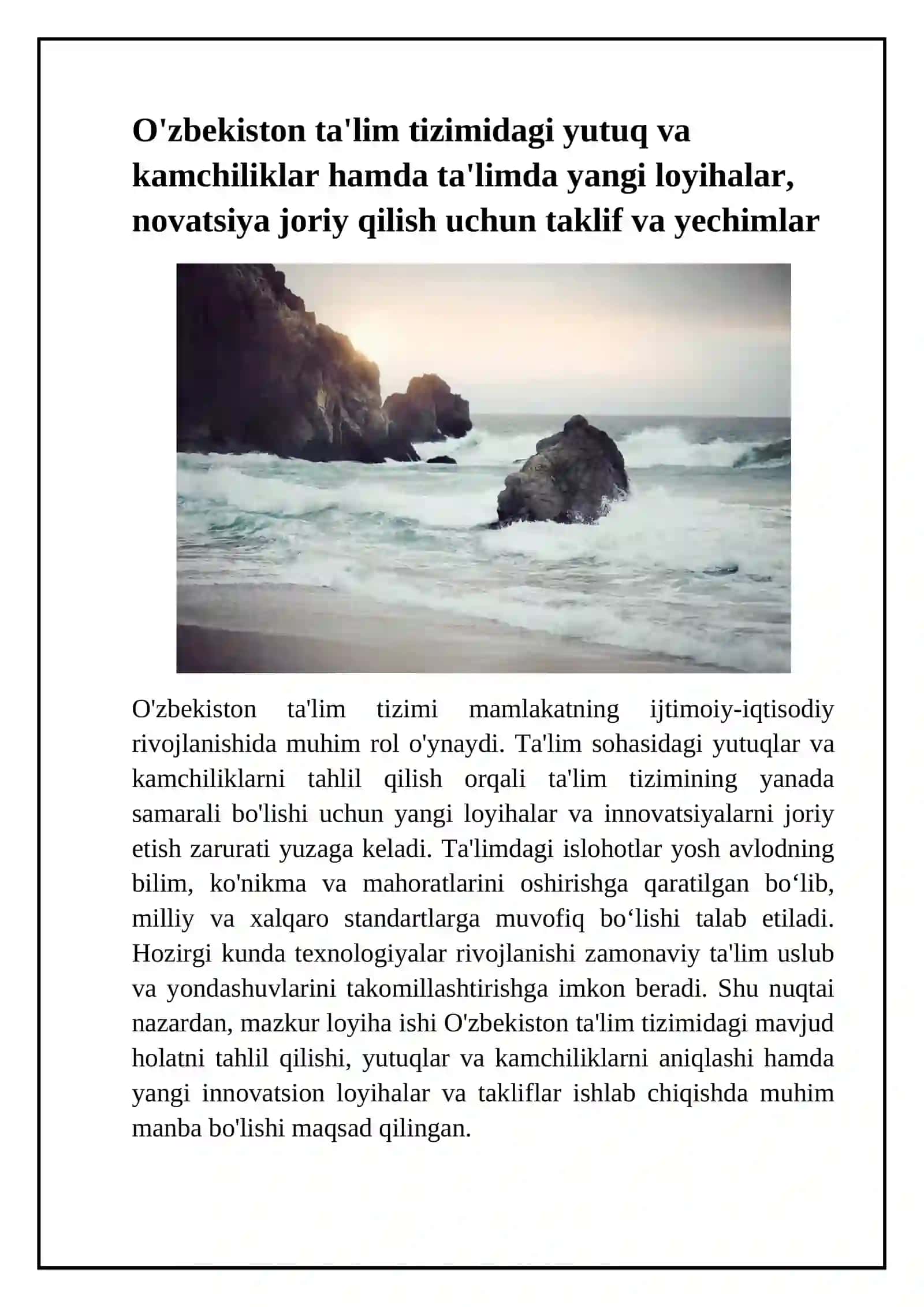 O'zbekiston ta'lim tizimidagi yutuq va kamchiliklar hamda ta'limda yangi loyihalar, novatsiya joriy qilish uchun taklif va yechimlar 2