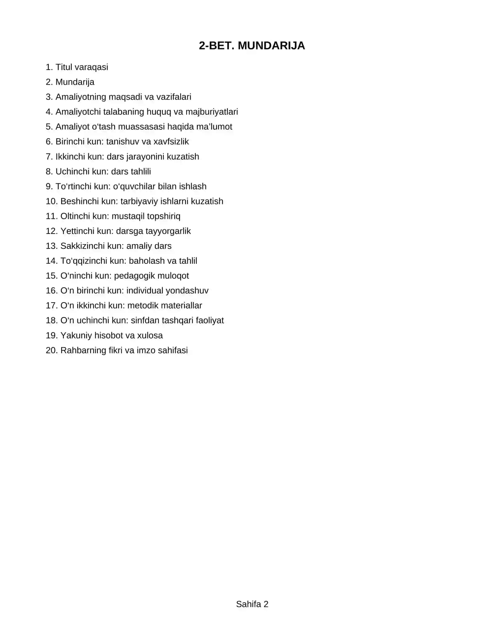 PEDAGOGIK AMALIYOT KUNDALIGI 20 betlik tayyor namuna  tli 2