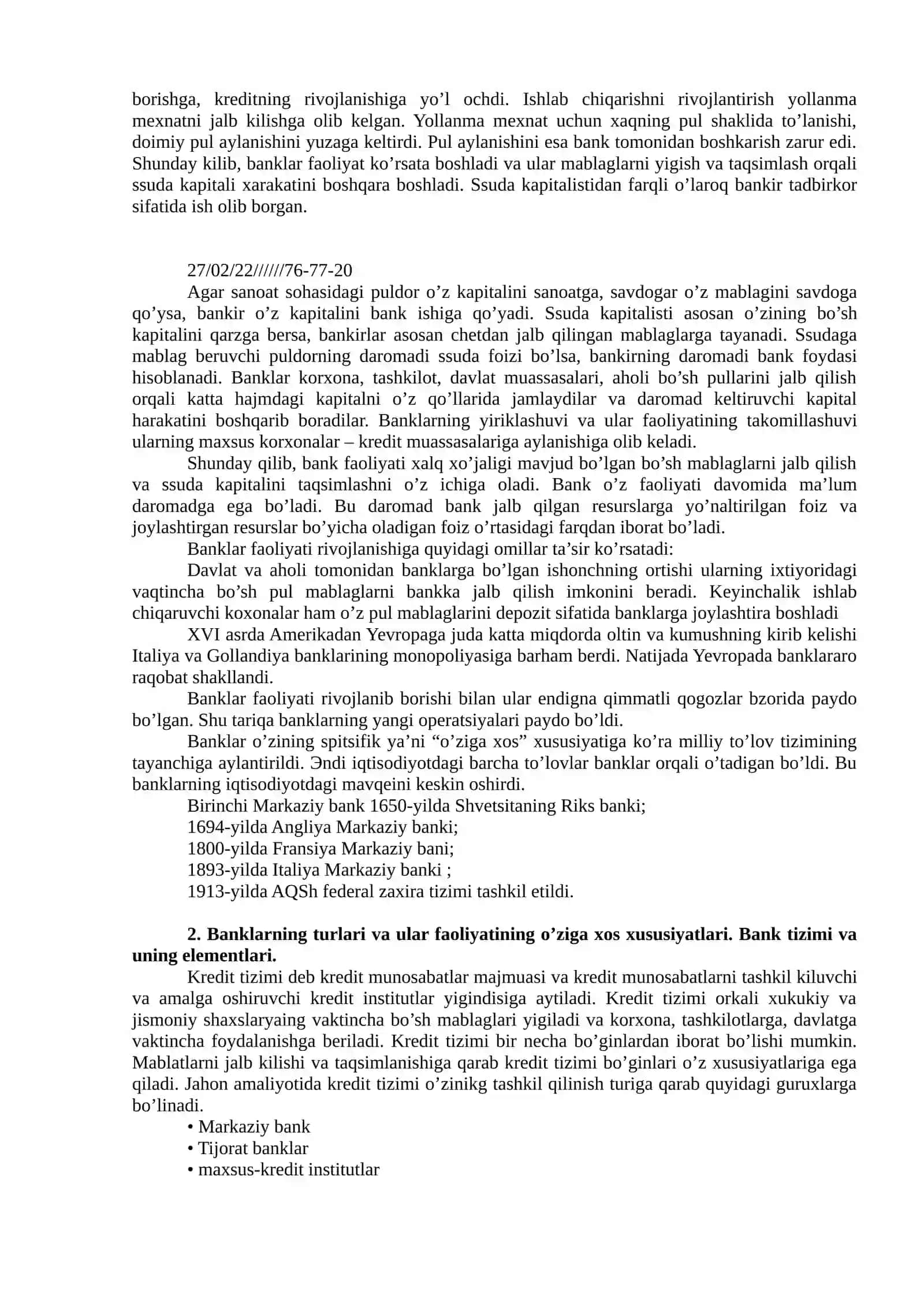 BANKLARNING KELIB CHIQISHI VA BANK TIZIMI. O’ZBEKISTON RESPUBLIKASIDA BANK TIZIMI VA UNING TARKIBI. 2