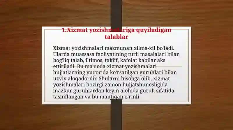 Xizmatyozishmalariga quyiladigan talablar 2