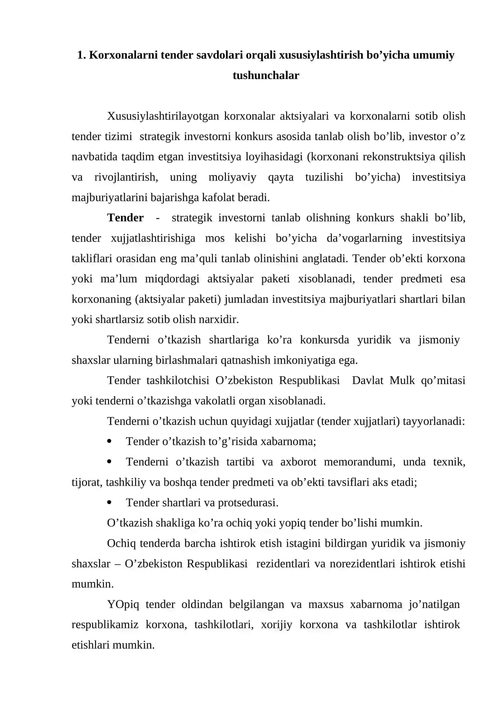 Kоrxоnani (оb’еkt) tеndеr savоlari оrqali xususiylashtirish 2