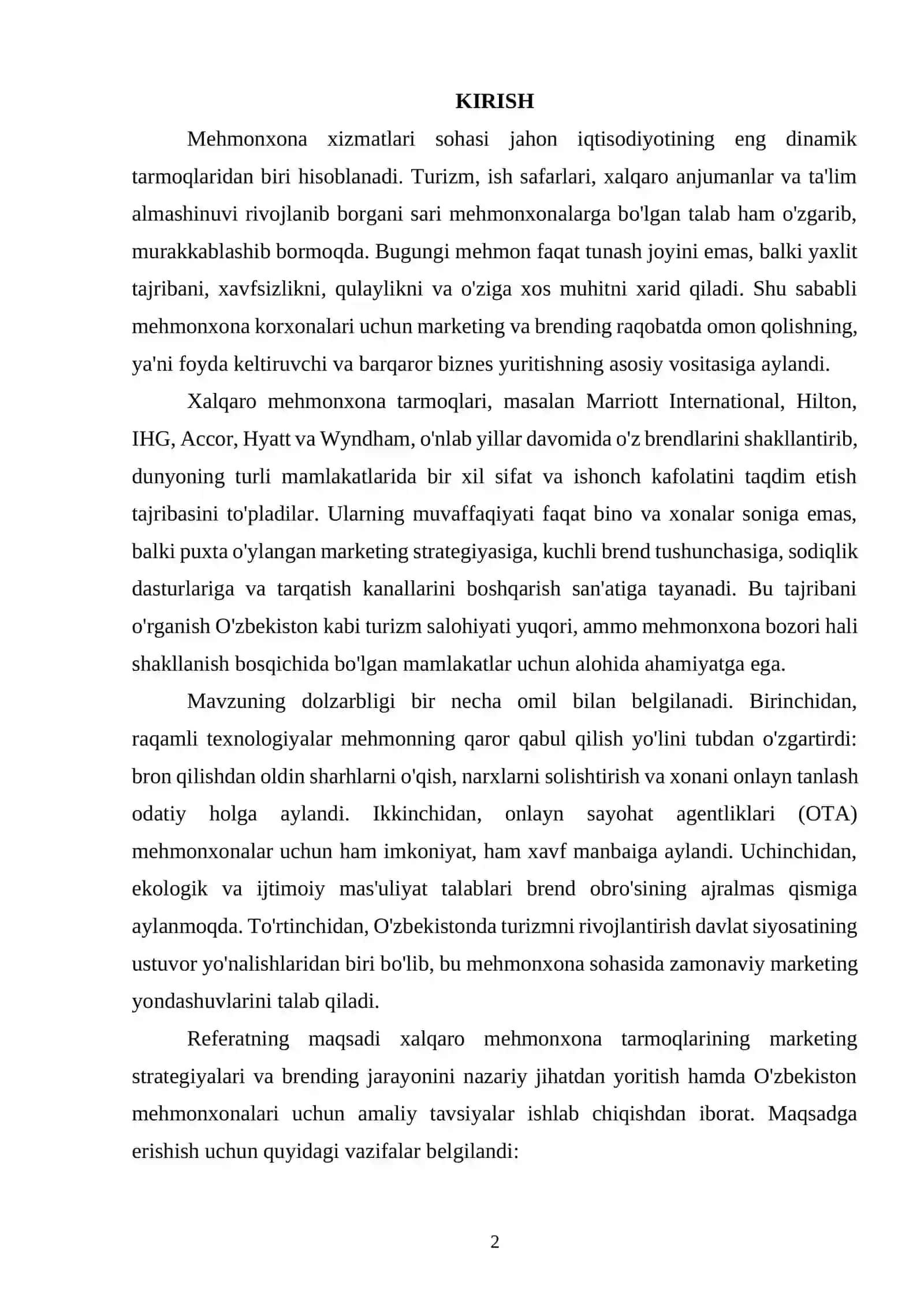 Xalqaro mehmonxonalar marketing strategiyalari va brending jarayoni 2