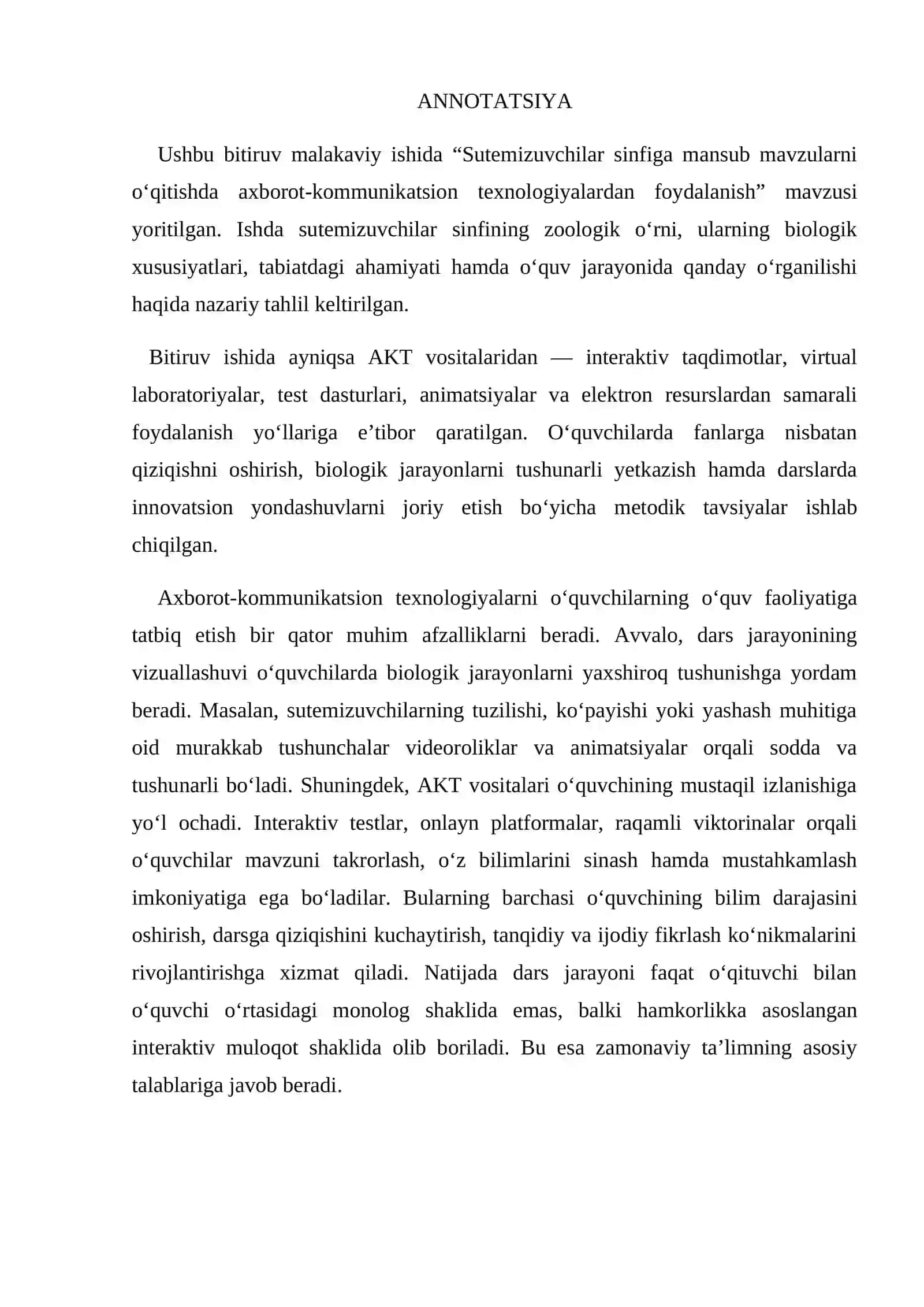 Sutemizuvchilar sinfiga mansub mavzularni o’qitishda axborot-kommunikatsion texnologiyalardan foydalanish 2