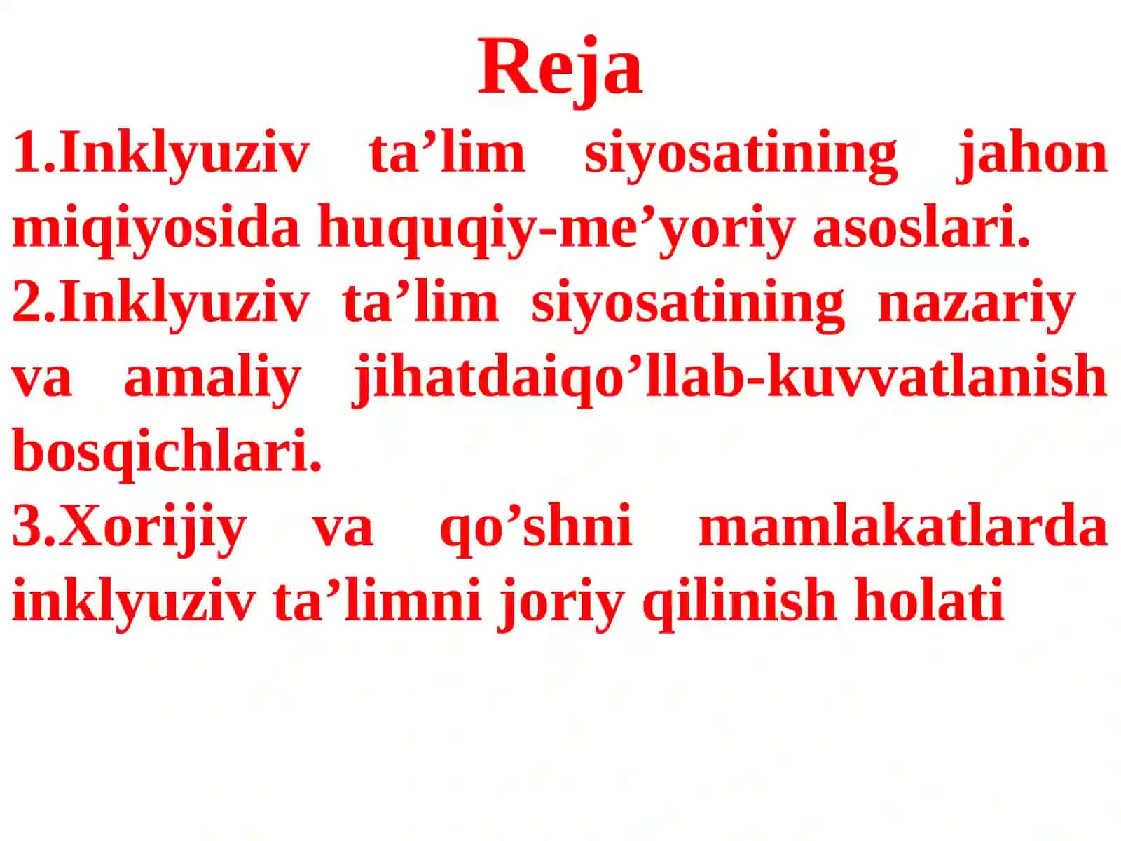 INKLYUZIV TA’LIM SIYOSATINING HUQUQIY-ME’YORIY JIHATDAN ASOSLANISH BOSQICHLARI 2