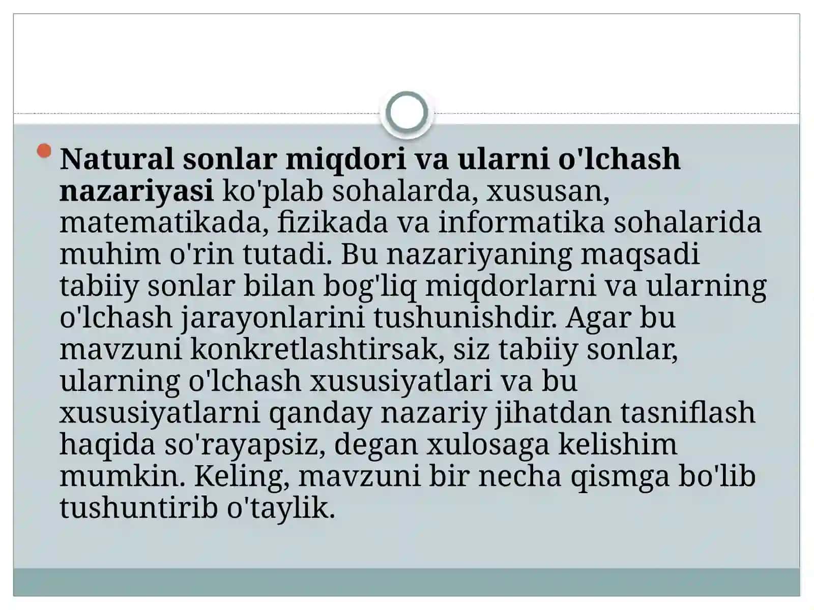 Naturalsonlarni miqdorlamo'lchash nazariyasi sifatida qarash niyati 2
