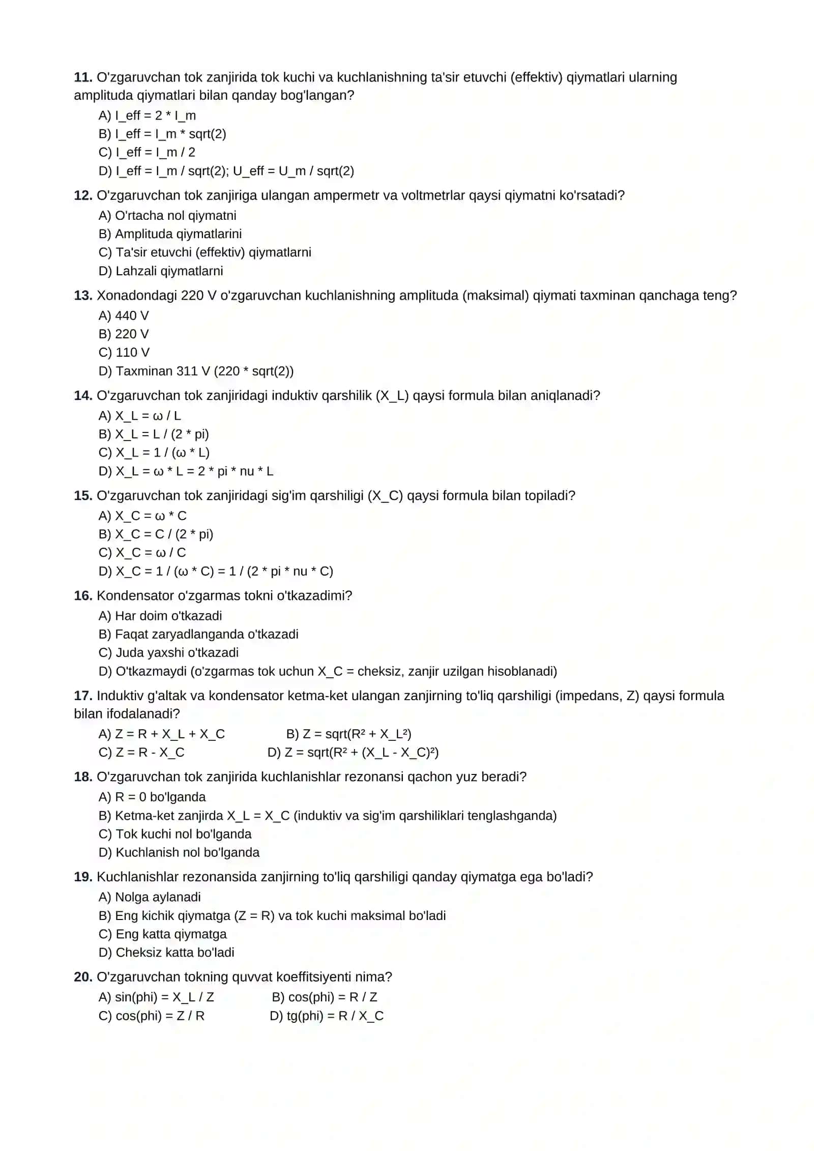 11-SINF FIZIKA FANIDAN TESTLAR TO'PLAMI 2