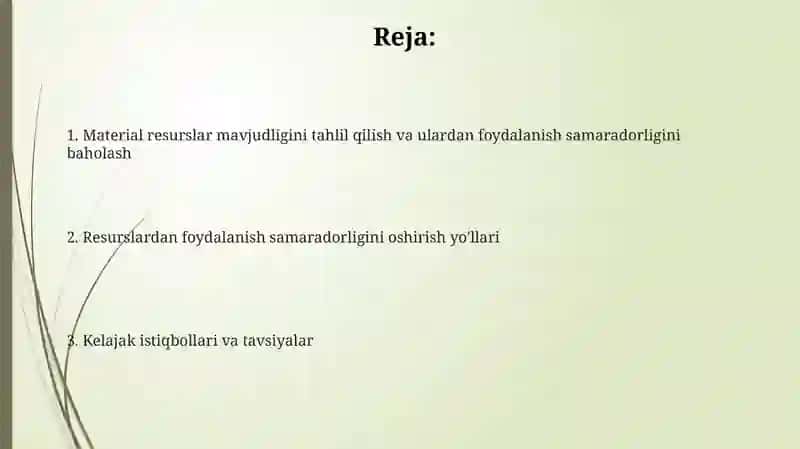 Material resurslar bilan taʼminlanganlik va ulardan foydalanish samaradorligini tahlili 2
