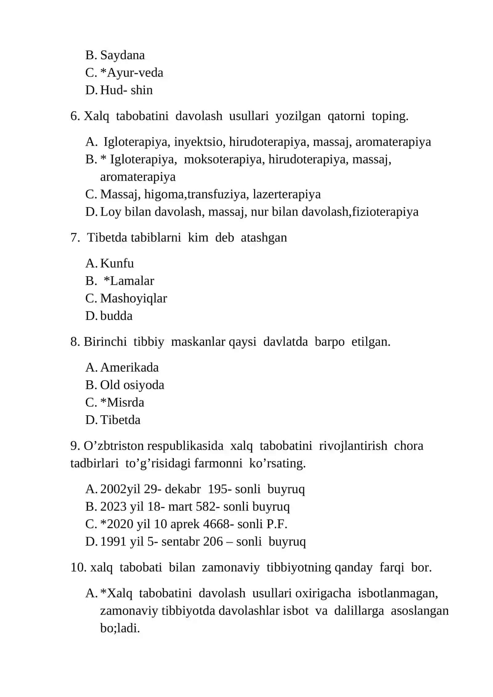 XALQ TABOBATI FANIDAN YAKUNIY DAVLAT.ATESTATSIYASIGA TEST SAVOLLAR 2