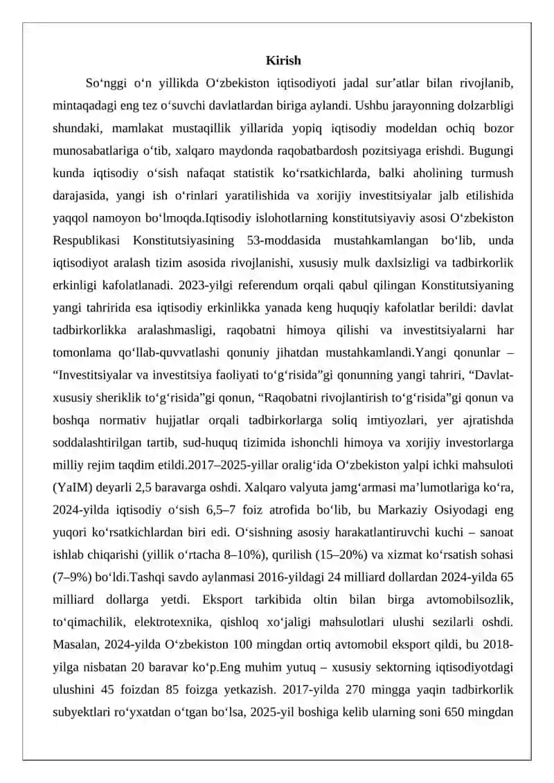 O‘zbekistonning iqtisodiy sohadagi yutuqlari. 2