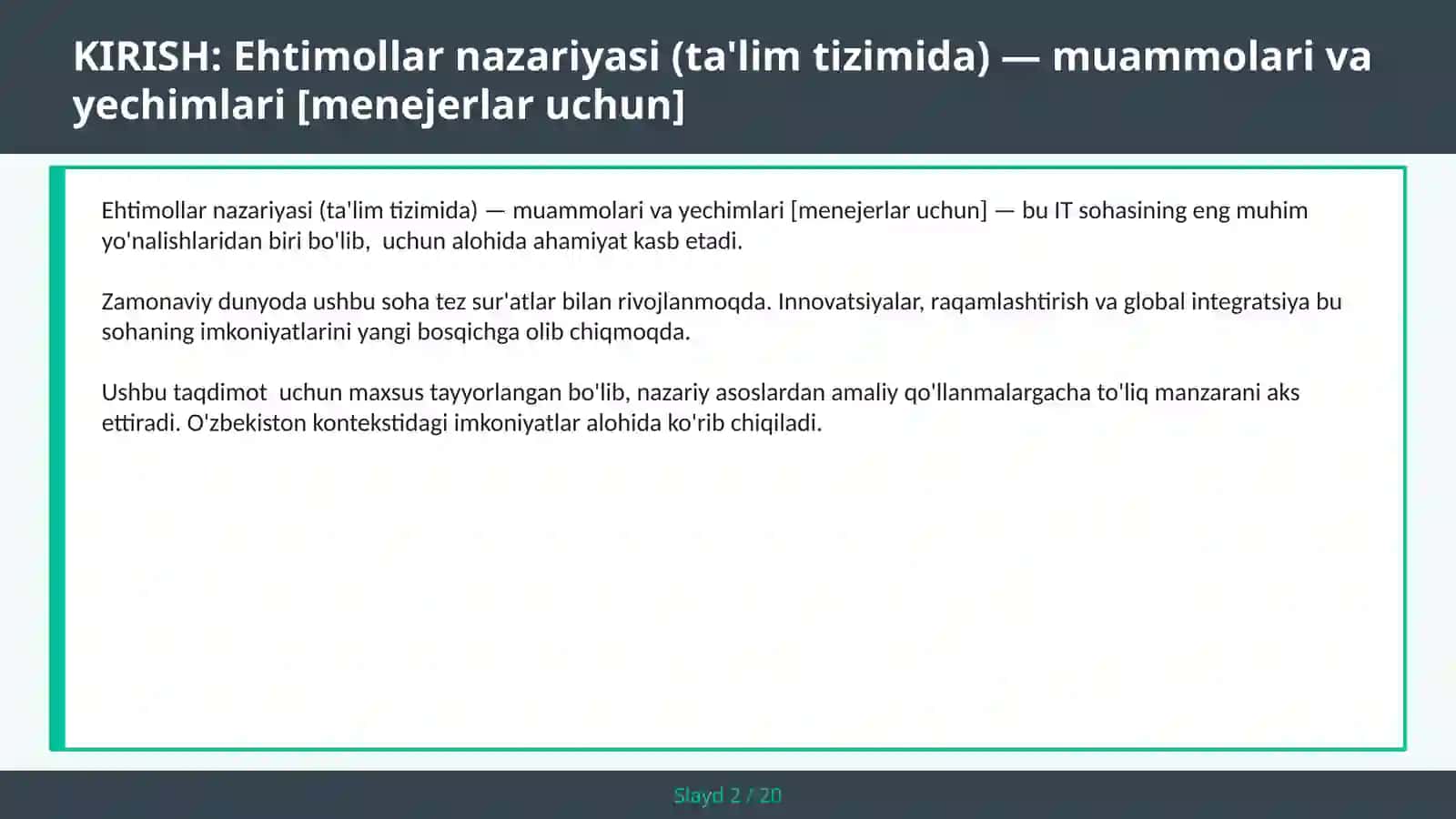 Ehtimollar nazariyasi (ta'lim tizimida) — muammolari va yechimlari [menejerlar uchun] 2