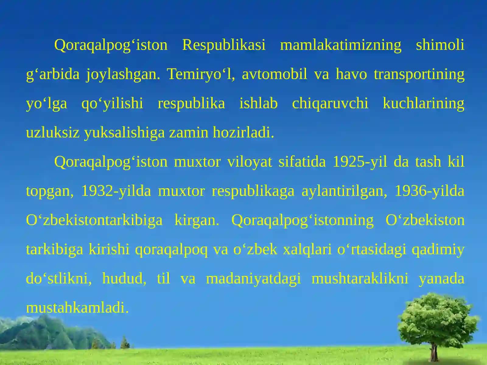 QORAQALPOG‘ISTON RESPUBLIKASI. 8-sinf geografiya fanidan dars ishlanma. 2