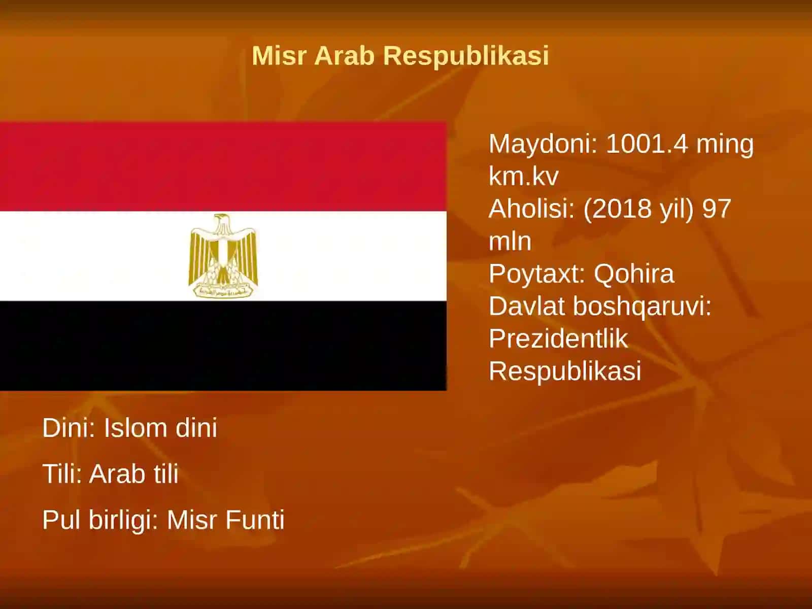 Misr Arab Respublikasi. 9-sinf geografiya fanidan dars ishlanma 2