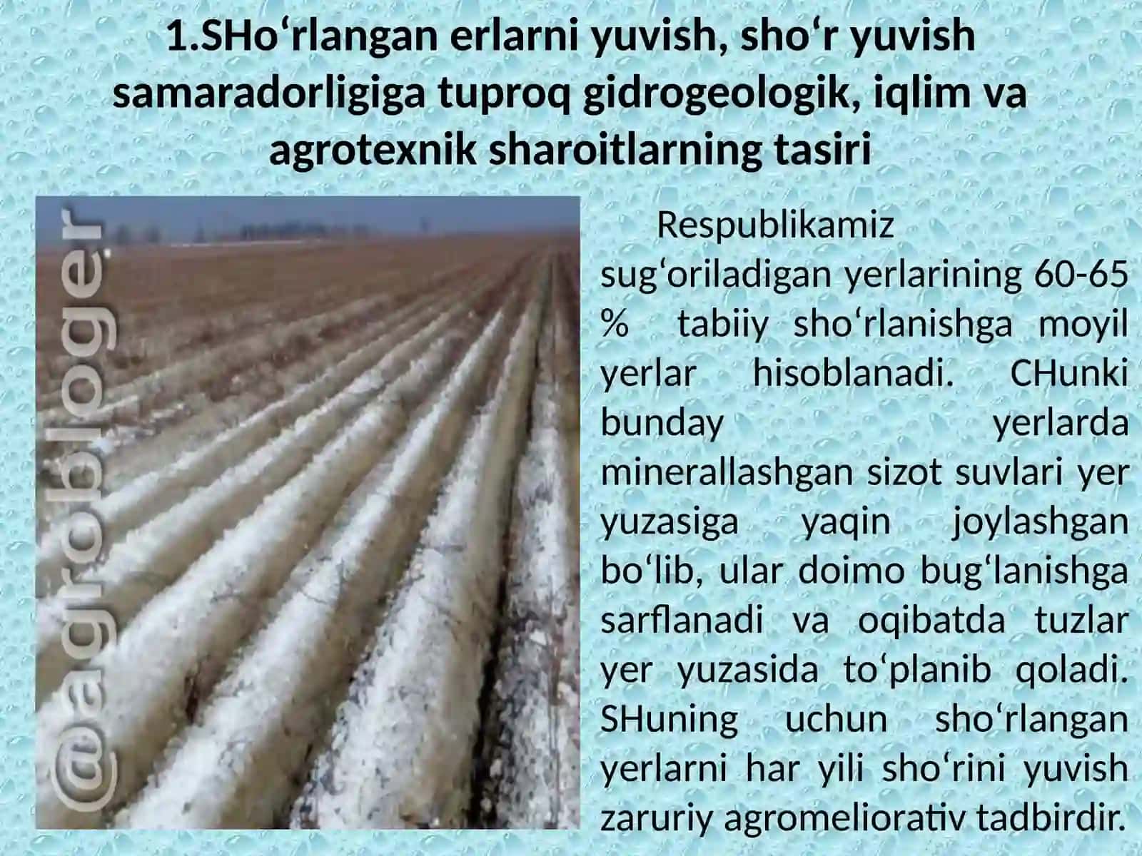 8-Ma’ruza:ShO’RLANGANTUPROQLARMELIORASIYaSIREJA:1.Sho’rlanganvabotqoqlashganyerlarnimeliorasiyaqilish.2.Tuproqniyuvishgatayyorlash.Sho’ryuvishmuddativausullari.Sho’rdog’lariniyuvishvao’zlashtirish3.Sho’ryuvishdaAgromeliorativtadbirlar.Zovurlarnirolivaahamiyati 2