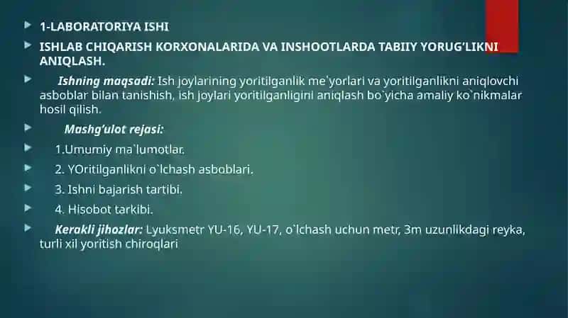 Ishlabchiqarish korxonalarida va inshootlarda tabiiy yorug’likni aniqlash 2