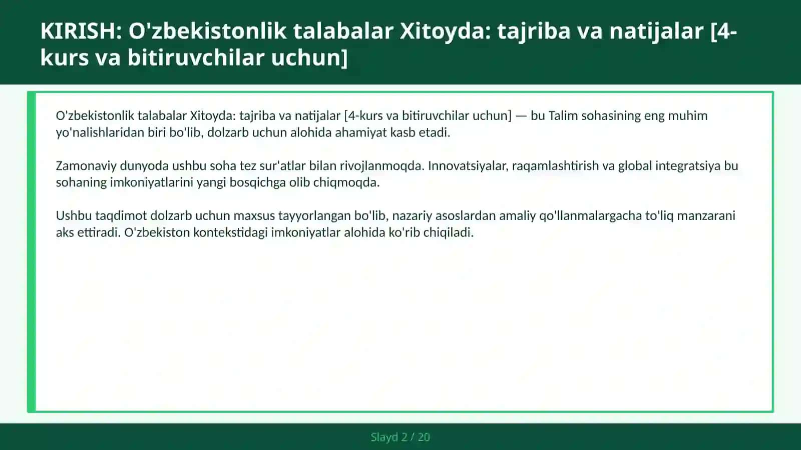 O'zbekistonlik talabalar Xitoyda: tajriba va natijalar [4-kurs va bitiruvchilar uchun] 2