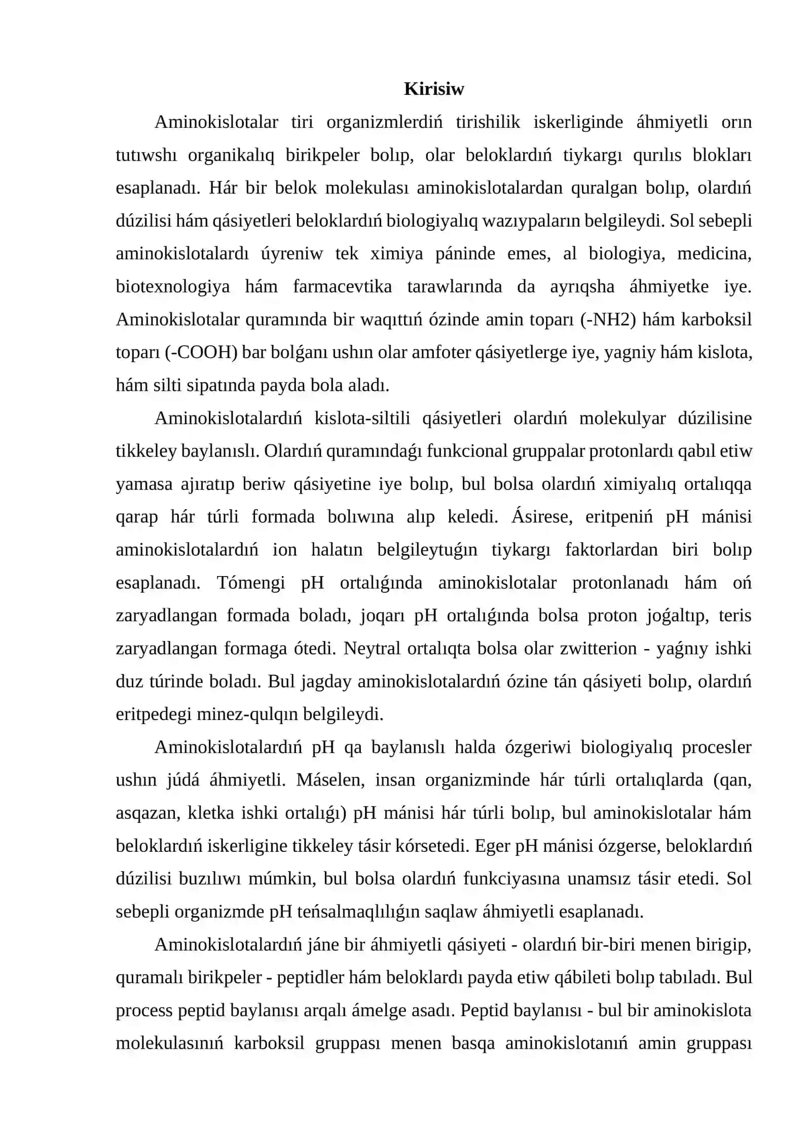 Aminokislotalardıń kislota-siltili qásiyetleri hám olardıń dúzilisiniń pH qa baylanıslılıǵı. Peptidler sintezi 2