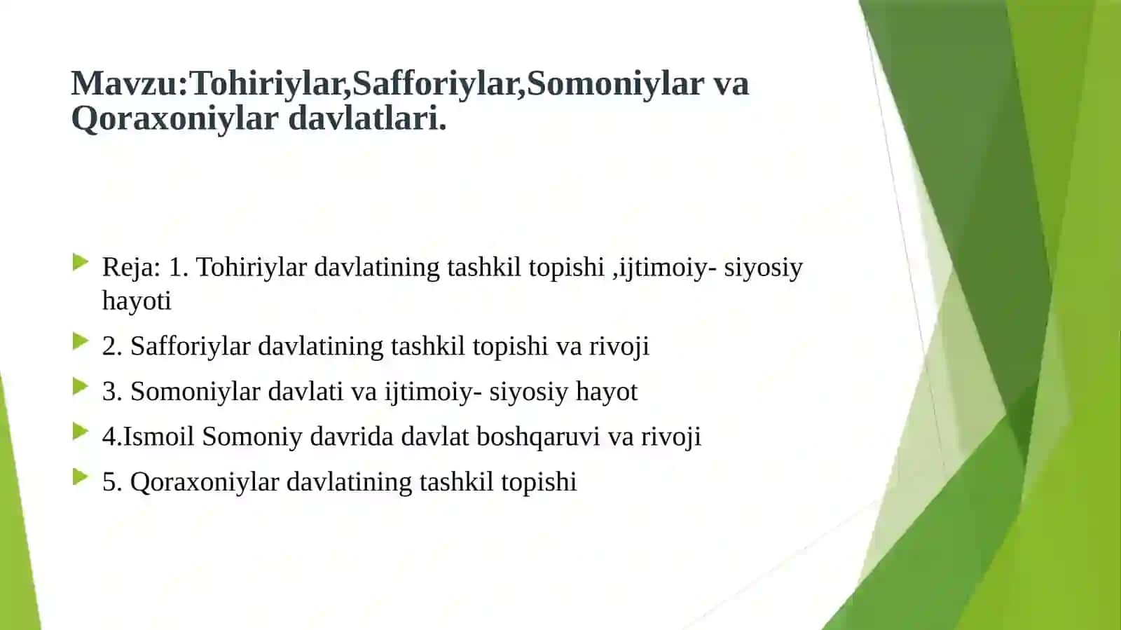 Tohiriylar, Safforiylar, Somoniylar va Qoraxoniylardavlatlari 2
