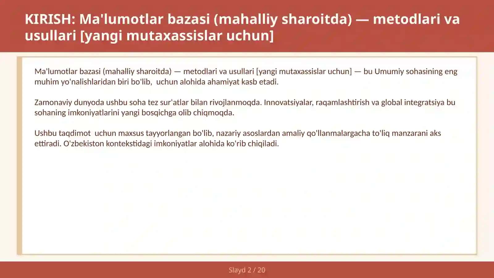 Ma'lumotlar bazasi (mahalliy sharoitda) — metodlari va usullari [yangi mutaxassislar uchun] 2