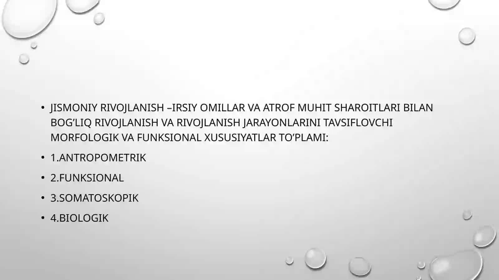 JISMONIY RIVOJLANISH –IRSIY OMILLAR VA ATROF MUHIT SHAROITLARI BILAN BOG’LIQ RIVOJLANISH VA RIVOJLANISH JARAYONLARINI TAVSIFLOVCHI MORFOLOGIK VA FUNKSIONAL XUSUSIYATLAR TO’PLAMI 2