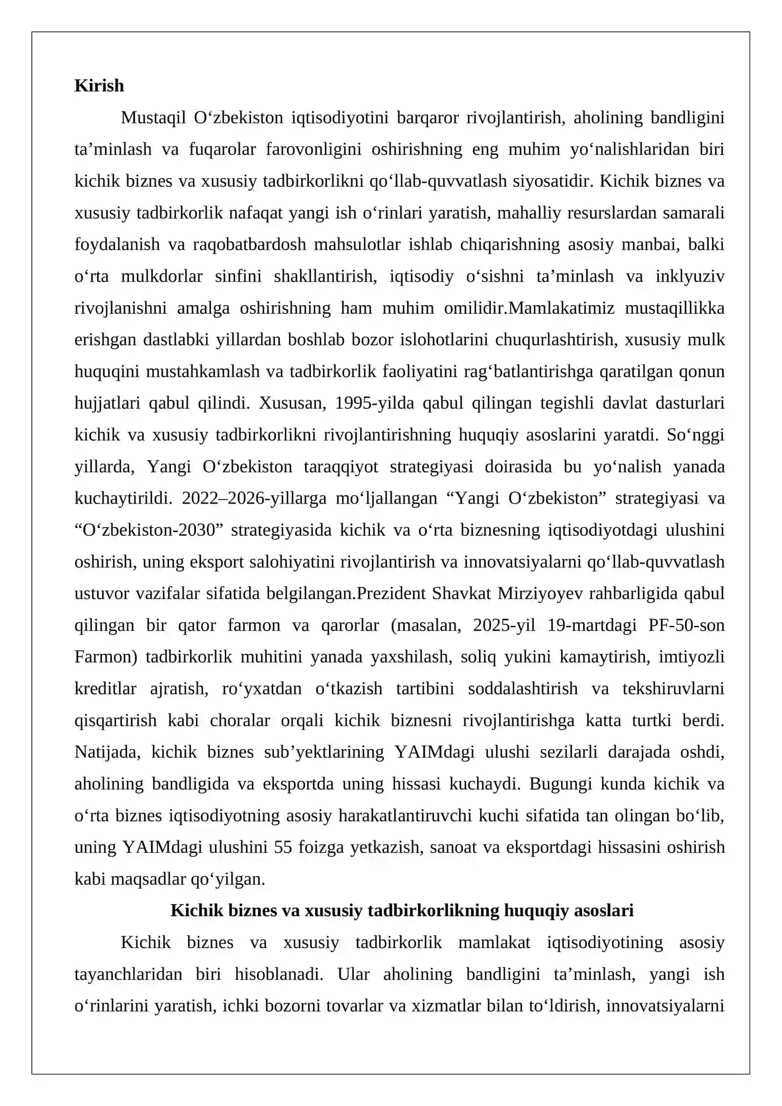 O‘zbekistonda kichik biznes va xususiy tadbirkorlikni rivojlantirish siyosati 2