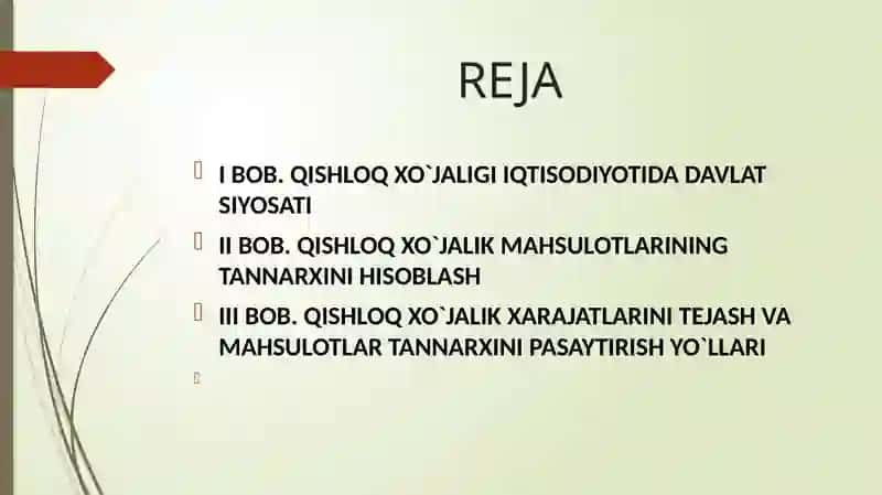 QISHLOQ XO’JALIK MAHSULOTLARI TANNARXI VA UNI KAMAYTIRISH YO’LLARI 2