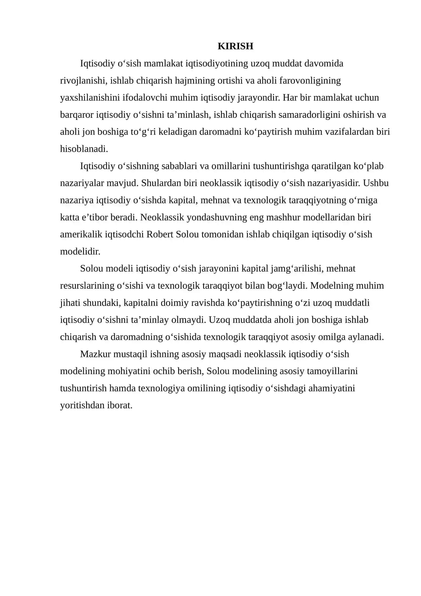 Neoklassik Iqtisodiy O‘sish Modellari va Texnologiya Omillari Solou Modeli Misolida 2