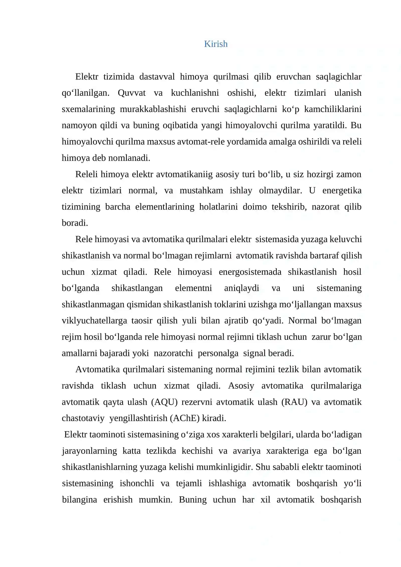 Elektr ta’minoti tarmoqlarida avtomatika va rele himoyasi fanidan kurs ishi uchun topshiriqlar 2