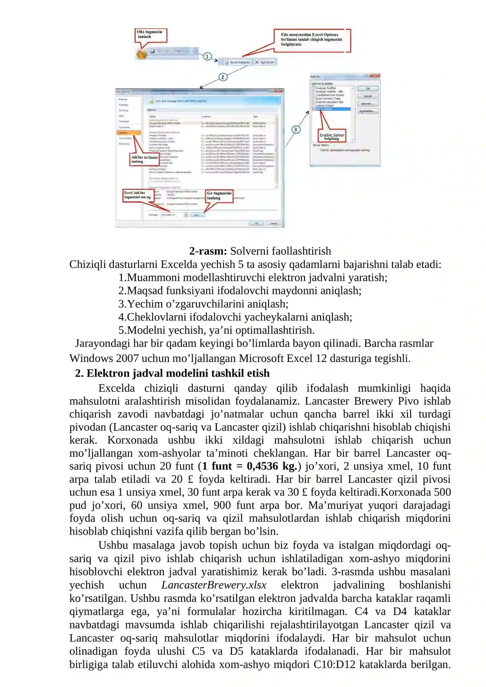 MS Excel dasturi imkoniyatlaridan foydalanib oziq-ovqat injineringida muammoli (solver) vaziyatni yechish 2